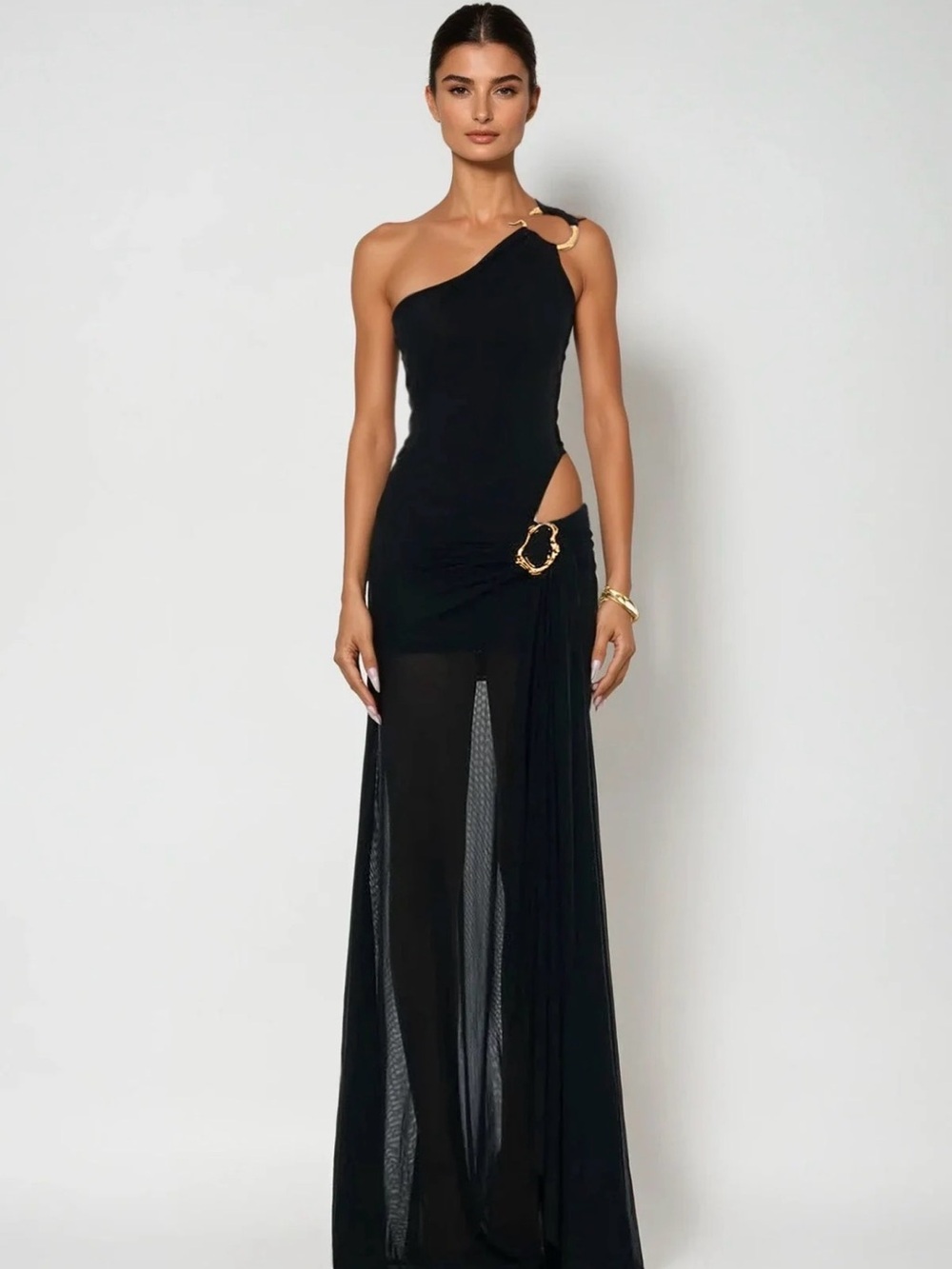 One-Shoulder Black Evening Gown with Gold Ring Detail
